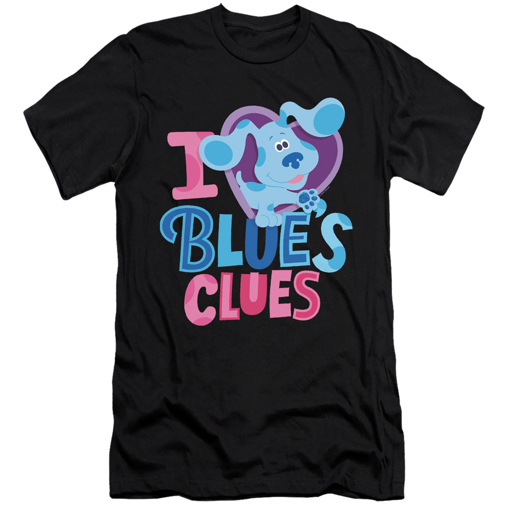 AN OFFCIALLY LICENSED BLUES CLUES & YOU I HEART BLUE MEN'S PREMIUM SLIM FIT T-SHIRT BLACK
