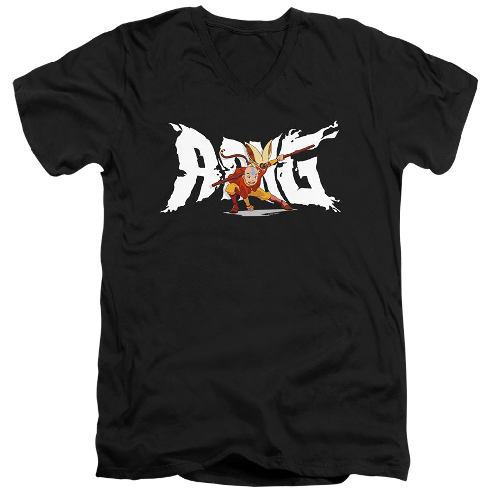 AN OFFCIALLY LICENSED AVATAR THE LAST AIRBENDER AANG AND MOMO MEN'S V-NECK T-SHIRT BLACK