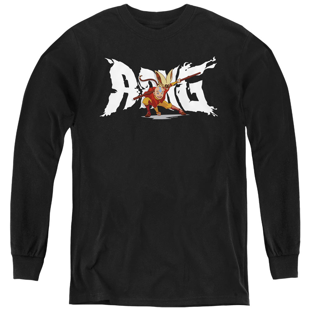 AN OFFCIALLY LICENSED AVATAR THE LAST AIRBENDER AANG AND MOMO YOUTH LONG SLEEVE T-SHIRT BLACK