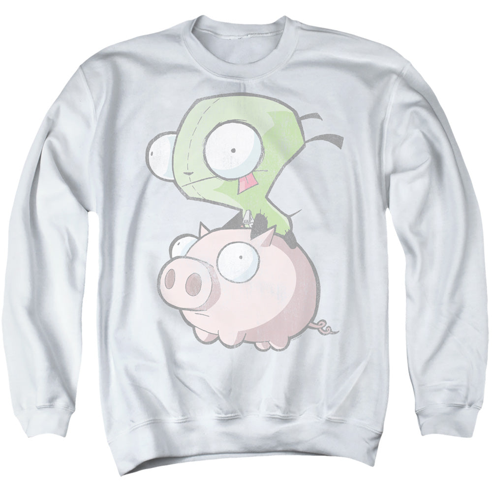 AN OFFCIALLY LICENSED INVADER ZIM GIR AND PIG ADULT UNISEX CREWNECK SWEATSHIRT WHITE