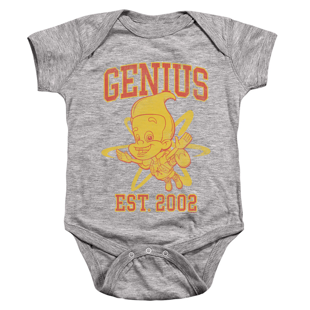 AN OFFCIALLY LICENSED JIMMY NEUTRON GENIUS COLLEGIATE BABY BODYSUIT ATHLETIC HEATHER