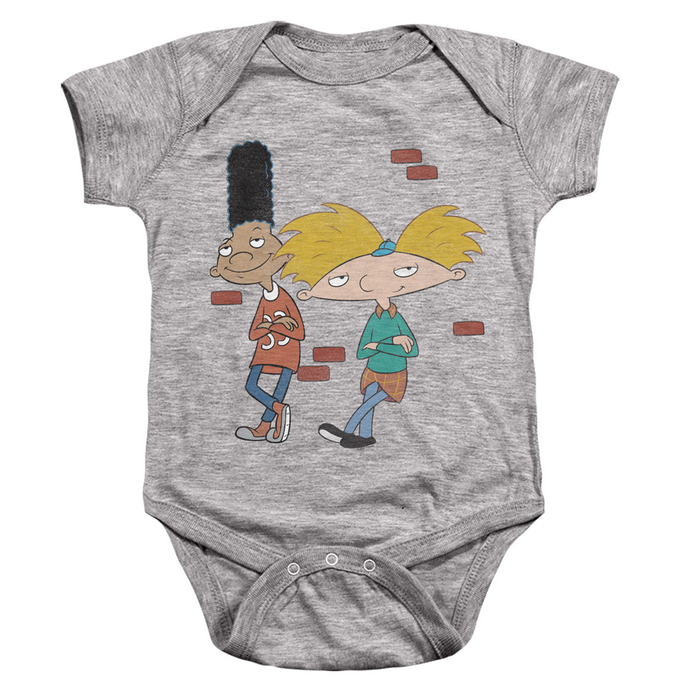 AN OFFCIALLY LICENSED HEY ARNOLD ARNOLD AND GERALD LEANING BABY BODYSUIT ATHLETIC HEATHER