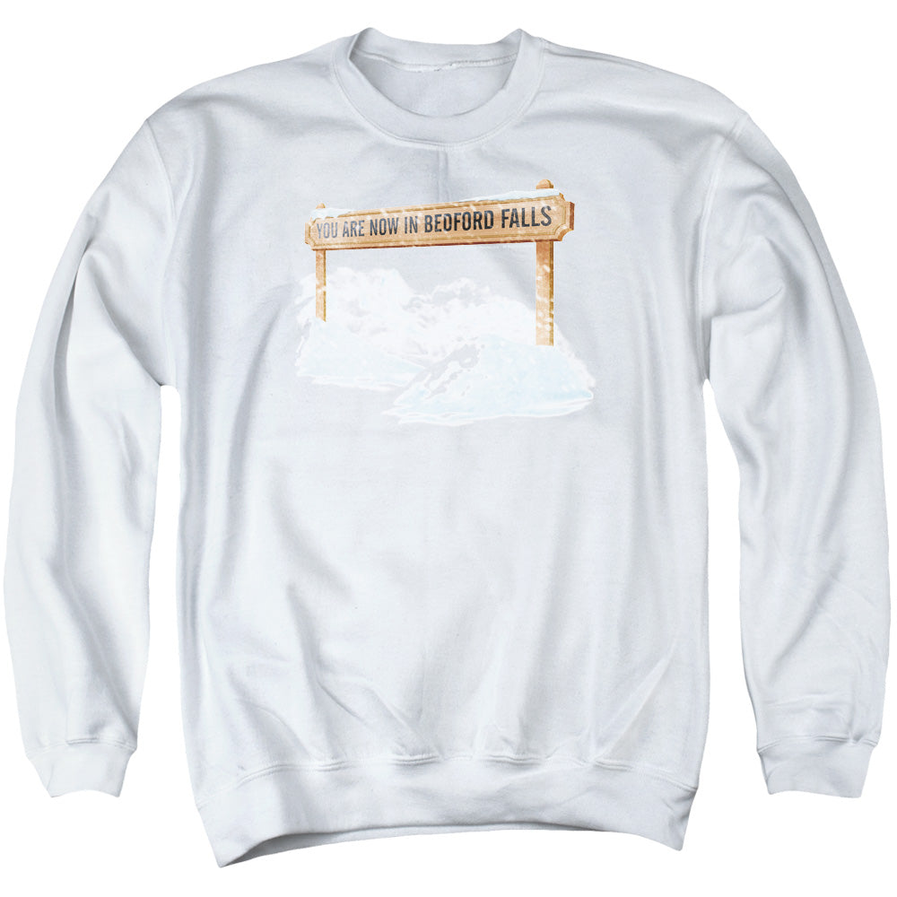 AN OFFCIALLY LICENSED ITS A WONDERFUL LIFE BEDFORD FALLS ADULT UNISEX CREWNECK SWEATSHIRT WHITE