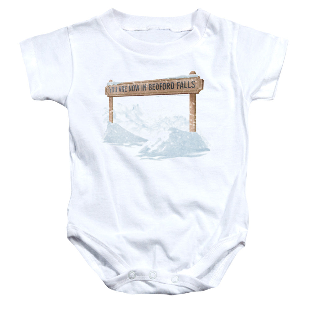 AN OFFCIALLY LICENSED ITS A WONDERFUL LIFE BEDFORD FALLS BABY BODYSUIT WHITE