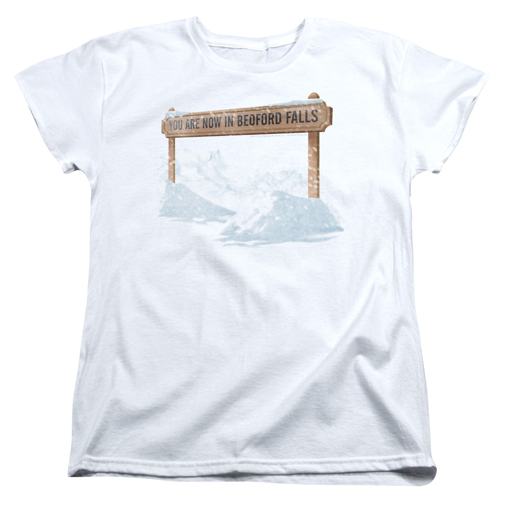 AN OFFCIALLY LICENSED ITS A WONDERFUL LIFE BEDFORD FALLS WOMEN'S REGULAR FIT T-SHIRT WHITE