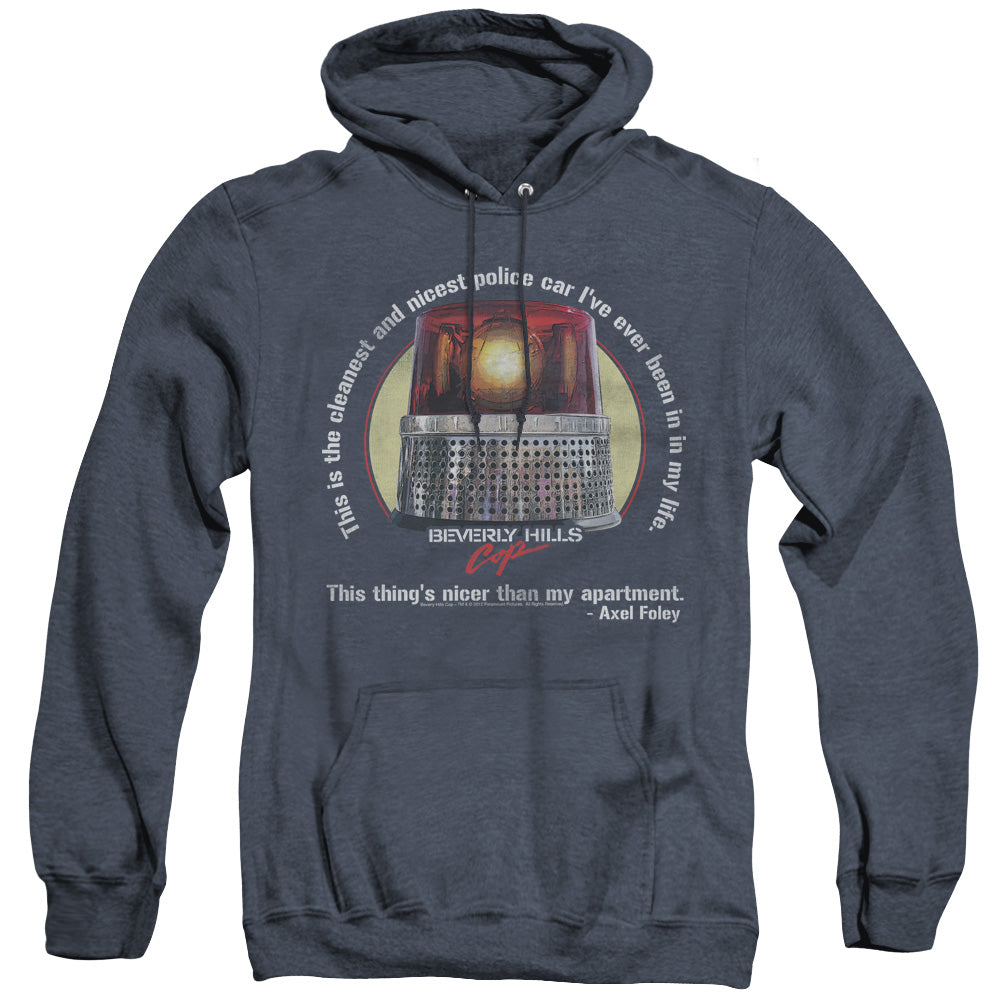 AN OFFCIALLY LICENSED BEVERLY HILLS COP NICEST POLICE CAR ADULT UNISEX HEATHER PULLOVER HOODIE NAVY