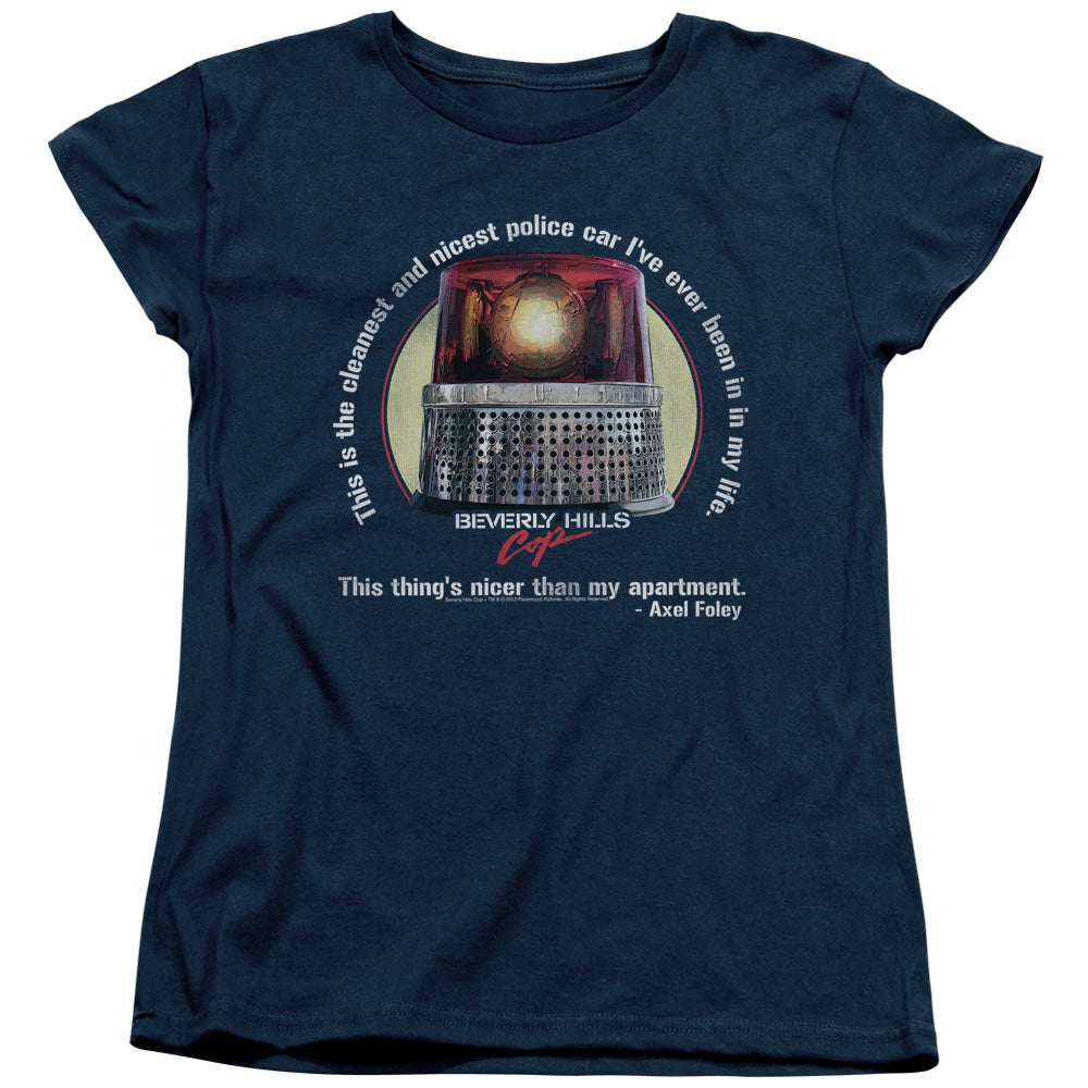 AN OFFCIALLY LICENSED BEVERLY HILLS COP NICEST POLICE CAR WOMEN'S REGULAR FIT T-SHIRT NAVY
