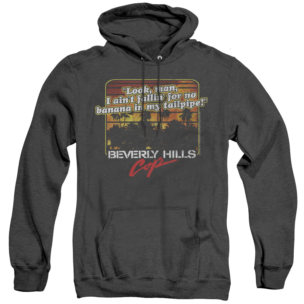 AN OFFCIALLY LICENSED BEVERLY HILLS COP BANANA IN MY TAILPIPE ADULT UNISEX HEATHER PULLOVER HOODIE BLACK