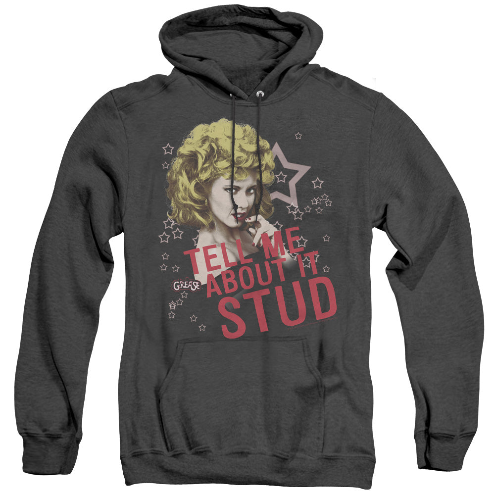 AN OFFCIALLY LICENSED GREASE TELL ME ABOUT IT STUD ADULT UNISEX HEATHER PULLOVER HOODIE BLACK