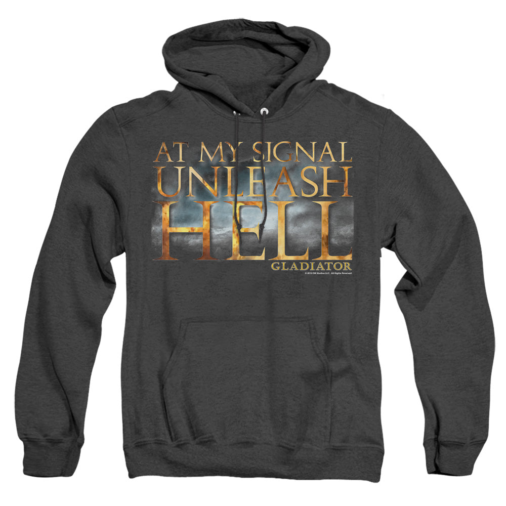 AN OFFCIALLY LICENSED GLADIATOR UNLEASH HELL ADULT UNISEX HEATHER PULLOVER HOODIE BLACK