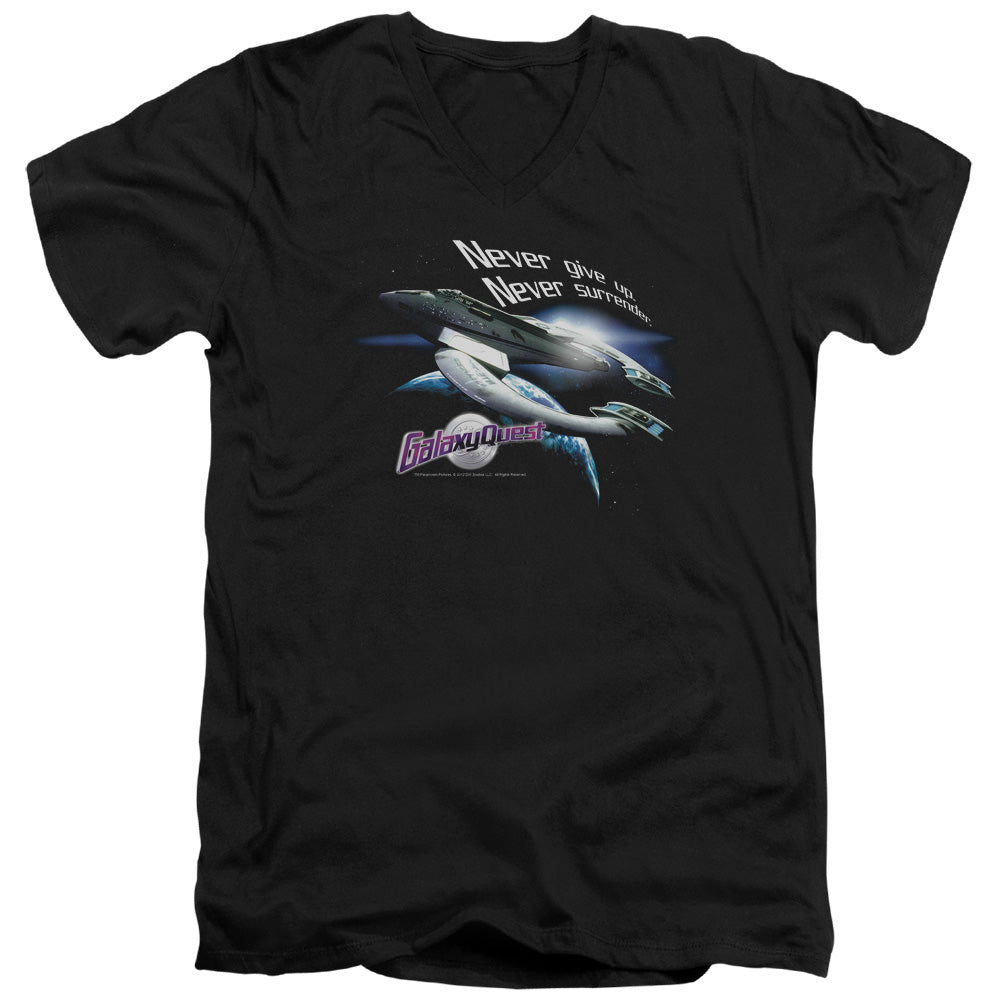 AN OFFCIALLY LICENSED GALAXY QUEST NEVER SURRENDER MEN'S V-NECK T-SHIRT BLACK