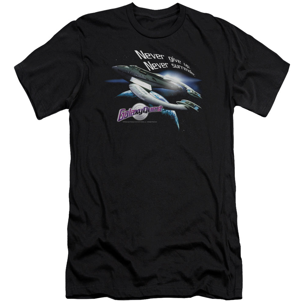 AN OFFCIALLY LICENSED GALAXY QUEST NEVER SURRENDER MEN'S PREMIUM SLIM FIT T-SHIRT BLACK