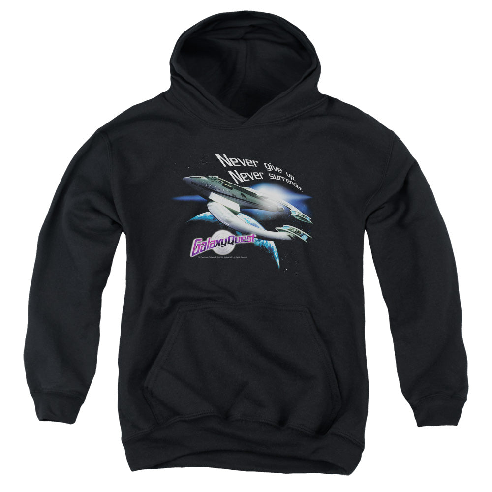 AN OFFCIALLY LICENSED GALAXY QUEST NEVER SURRENDER YOUTH HOODIE BLACK