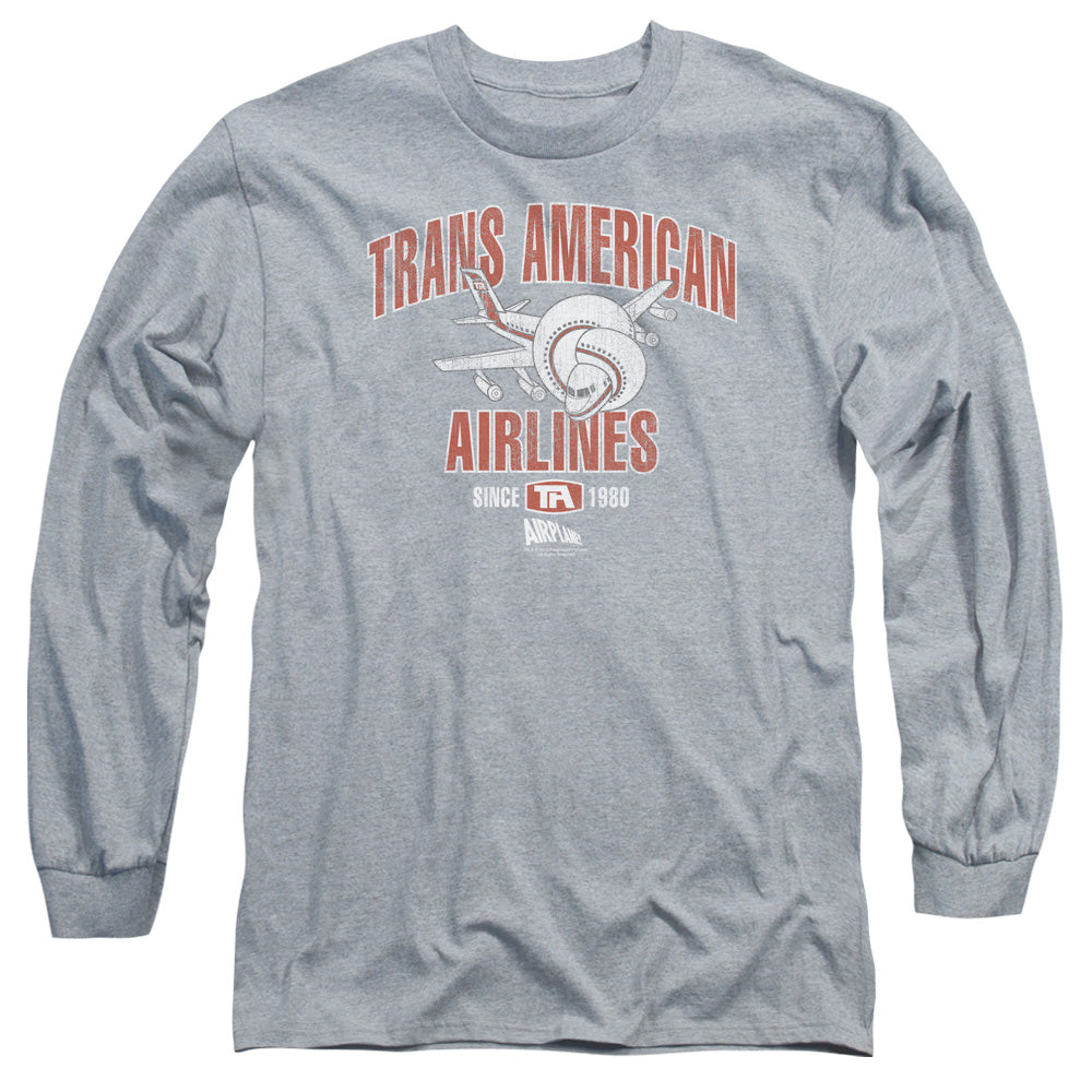 AN OFFCIALLY LICENSED AIRPLANE TRANS AMERICAN MEN'S LONG SLEEVE T-SHIRT ATHLETIC HEATHER