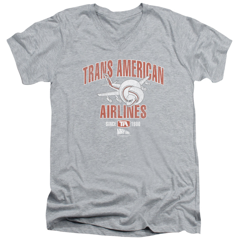AN OFFCIALLY LICENSED AIRPLANE TRANS AMERICAN MEN'S V-NECK T-SHIRT ATHLETIC HEATHER