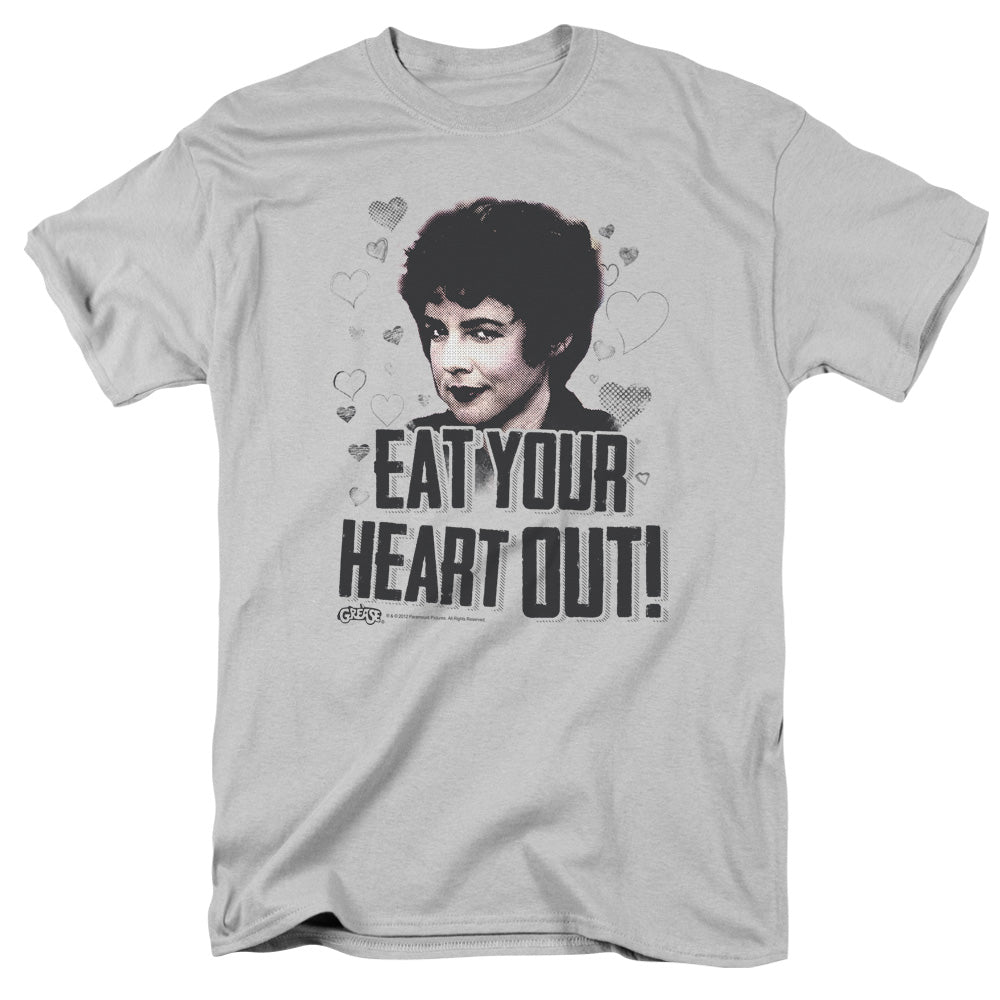 AN OFFCIALLY LICENSED GREASE EAT YOUR HEART OUT MEN'S REGULAR FIT T-SHIRT SILVER