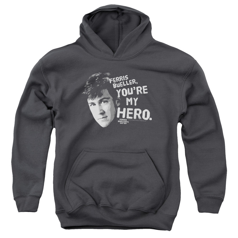 AN OFFCIALLY LICENSED FERRIS BUELLER MY HERO YOUTH HOODIE CHARCOAL