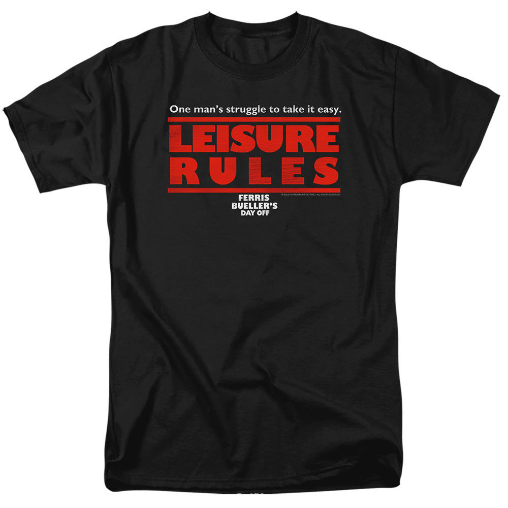 AN OFFCIALLY LICENSED FERRIS BUELLER LEISURE RULES MEN'S REGULAR FIT T-SHIRT BLACK