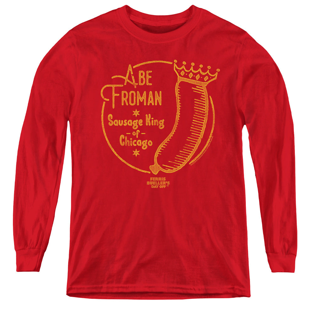AN OFFCIALLY LICENSED FERRIS BUELLER ABE FROMAN YOUTH LONG SLEEVE T-SHIRT RED