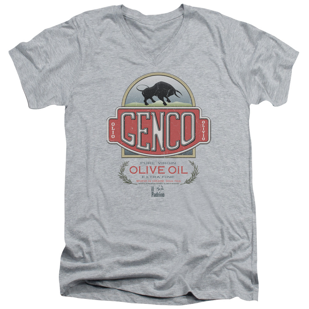AN OFFCIALLY LICENSED GODFATHER GENCO OLIVE OIL MEN'S V-NECK T-SHIRT ATHLETIC HEATHER