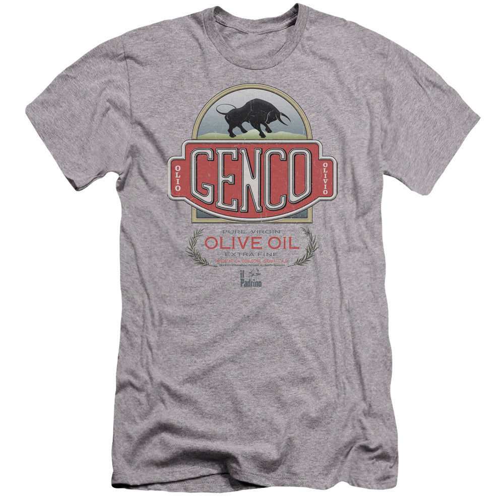 AN OFFCIALLY LICENSED GODFATHER GENCO OLIVE OIL MEN'S PREMIUM SLIM FIT T-SHIRT ATHLETIC HEATHER