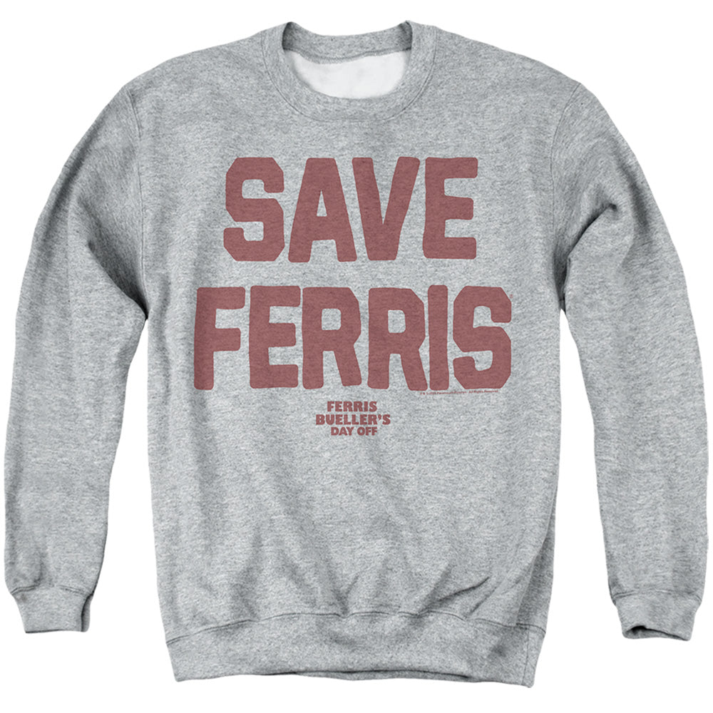 AN OFFCIALLY LICENSED FERRIS BUELLER THE SAVE FERRIS ADULT UNISEX CREWNECK SWEATSHIRT ATHLETIC HEATHER