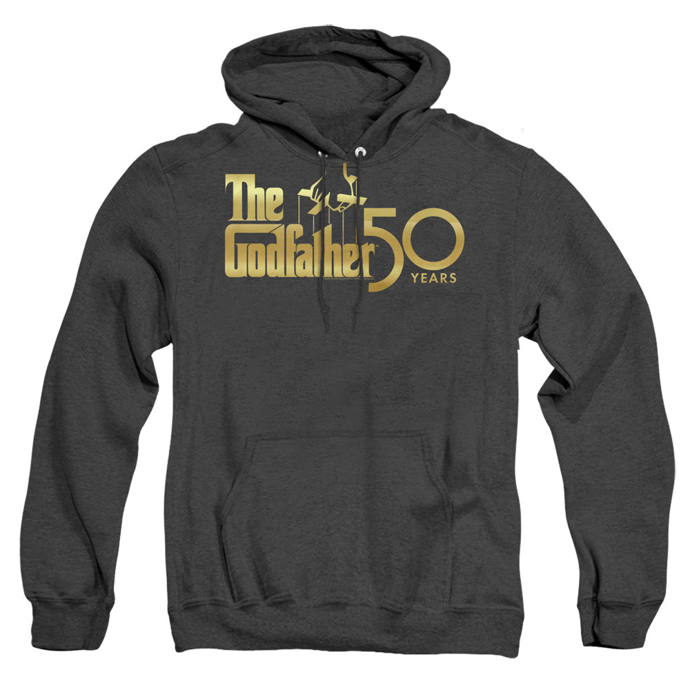 AN OFFCIALLY LICENSED GODFATHER GODFATHER 50TH LOGO ADULT UNISEX HEATHER PULLOVER HOODIE BLACK