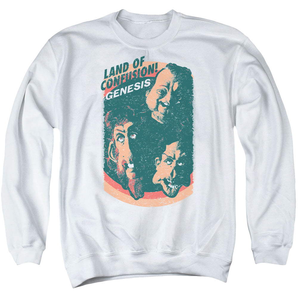 AN OFFCIALLY LICENSED GENESIS LAND OF CONFUSION ADULT UNISEX CREWNECK SWEATSHIRT WHITE