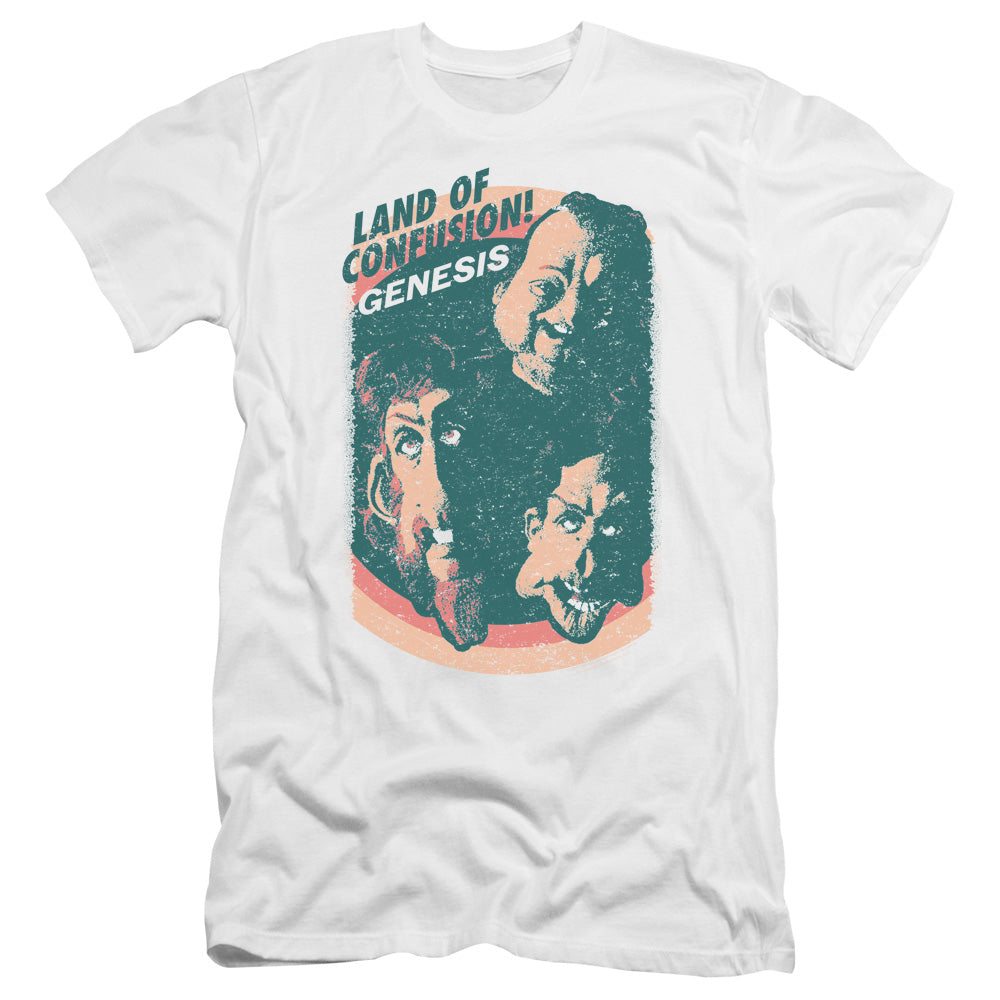 AN OFFCIALLY LICENSED GENESIS LAND OF CONFUSION MEN'S PREMIUM SLIM FIT T-SHIRT WHITE