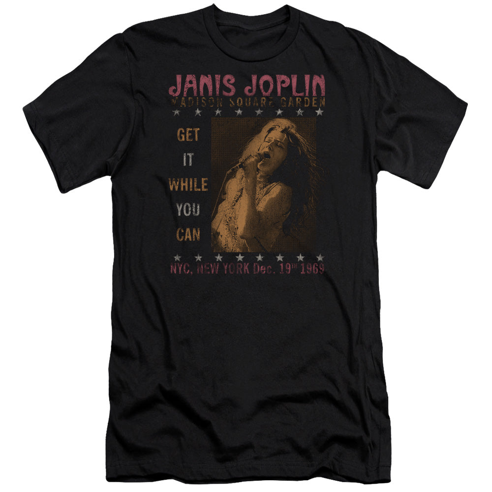 AN OFFCIALLY LICENSED JANIS JOPLIN ONE NIGHT ONLY MEN'S PREMIUM SLIM FIT T-SHIRT BLACK
