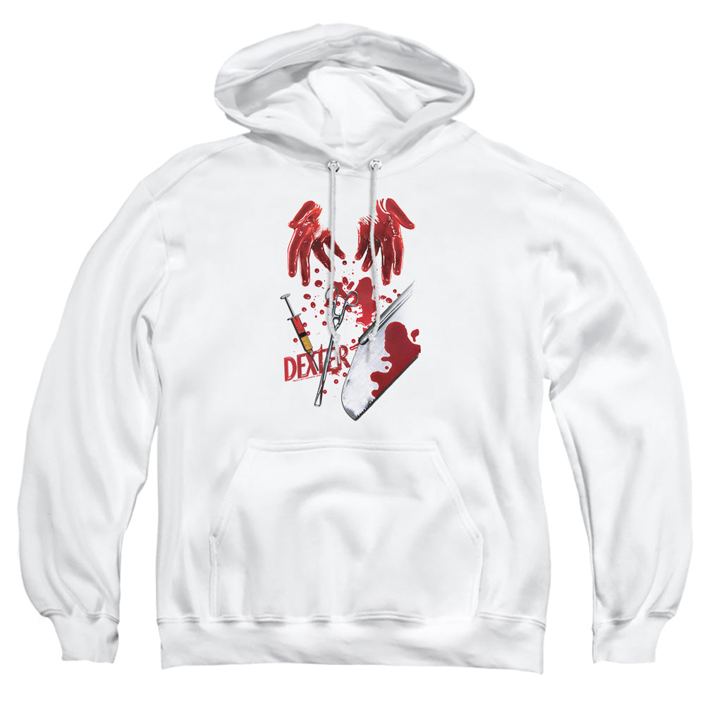 AN OFFCIALLY LICENSED DEXTER TOOLS OF THE TRADE ADULT UNISEX PULLOVER HOODIE WHITE