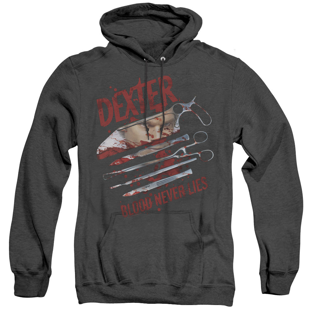AN OFFCIALLY LICENSED DEXTER BLOOD NEVER LIES ADULT UNISEX HEATHER PULLOVER HOODIE BLACK