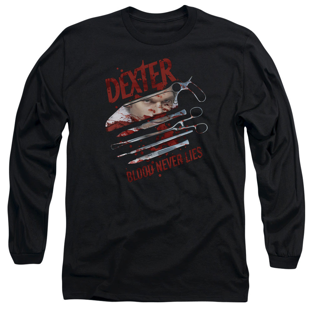AN OFFCIALLY LICENSED DEXTER BLOOD NEVER LIES MEN'S LONG SLEEVE T-SHIRT BLACK