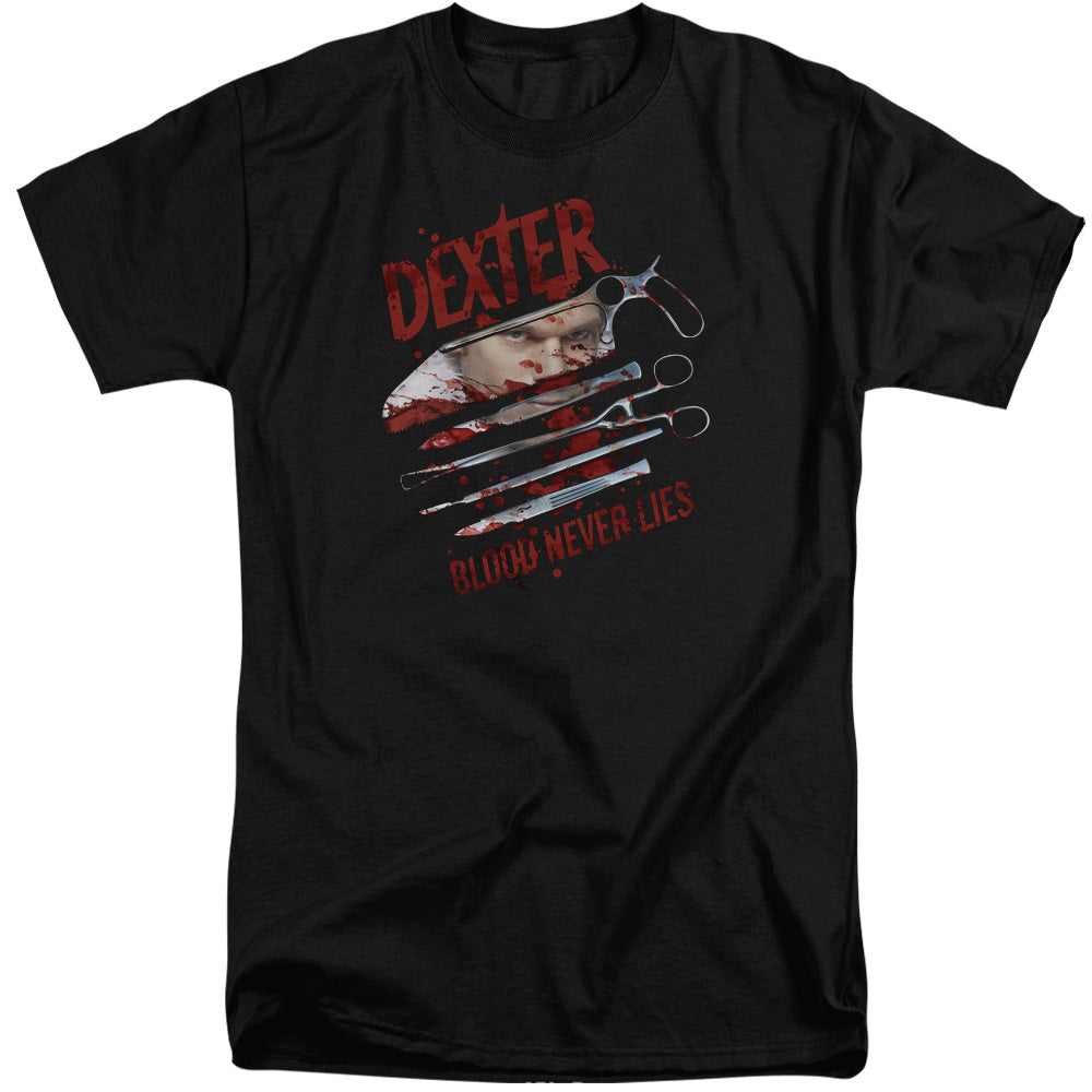 AN OFFCIALLY LICENSED DEXTER BLOOD NEVER LIES MEN'S TALL FIT T-SHIRT BLACK