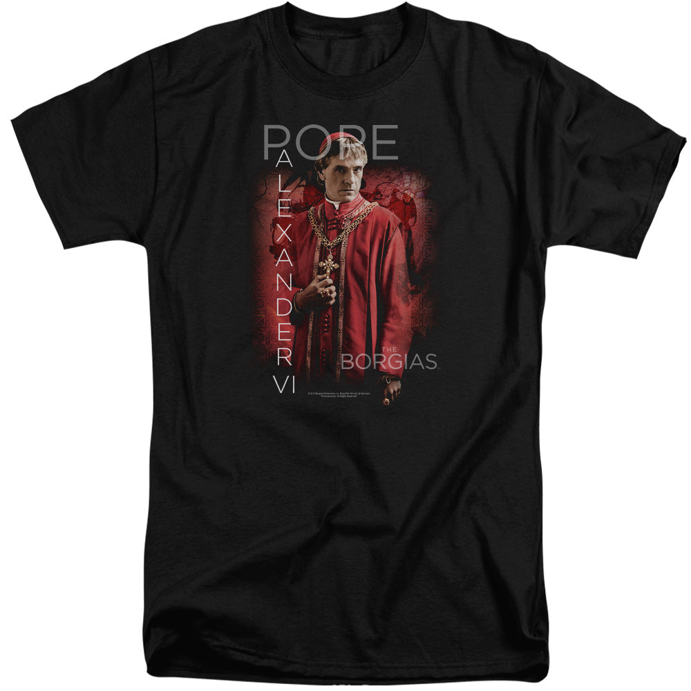 AN OFFCIALLY LICENSED BORGIAS POPE ALEXANDER VI MEN'S TALL FIT T-SHIRT BLACK