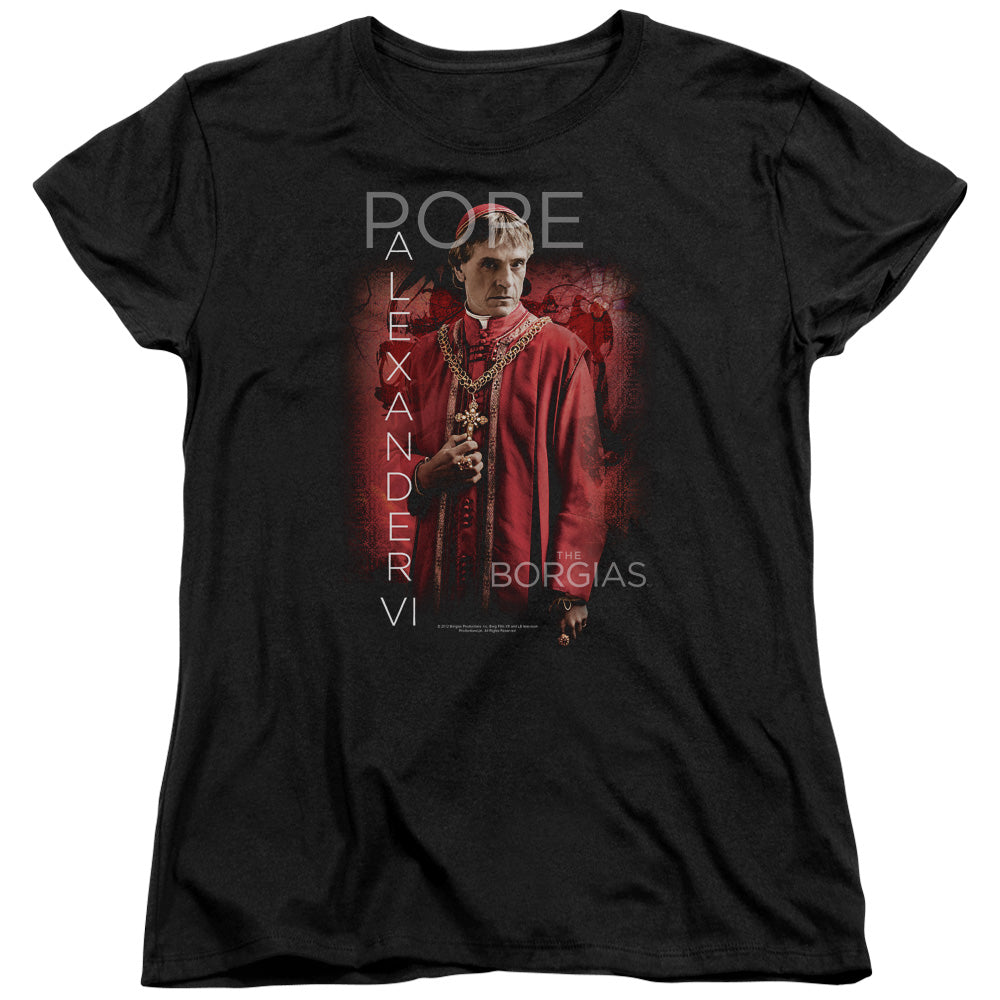 AN OFFCIALLY LICENSED BORGIAS POPE ALEXANDER VI WOMEN'S REGULAR FIT T-SHIRT BLACK
