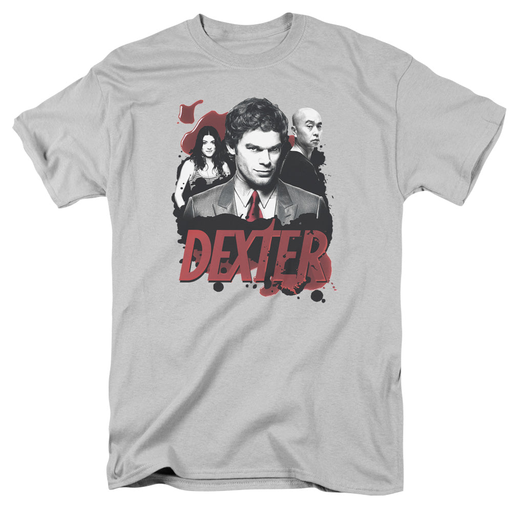 AN OFFCIALLY LICENSED DEXTER BLOODY TRIO MEN'S REGULAR FIT T-SHIRT SILVER