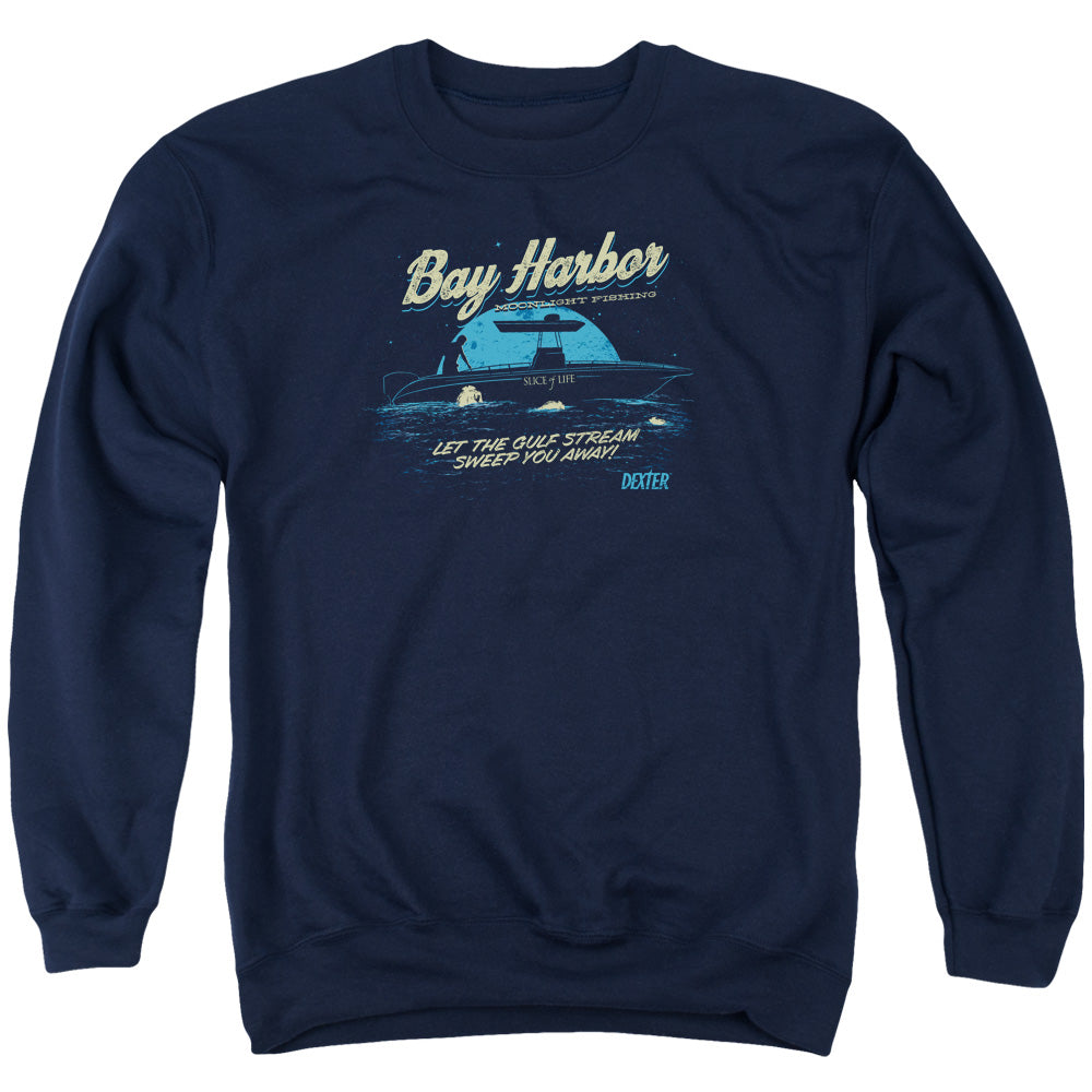 AN OFFCIALLY LICENSED DEXTER MOONLIGHT FISHING ADULT UNISEX CREWNECK SWEATSHIRT NAVY