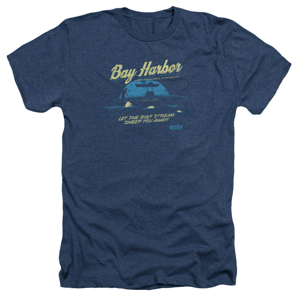 AN OFFCIALLY LICENSED DEXTER MOONLIGHT FISHING MEN'S HEATHER T-SHIRT NAVY