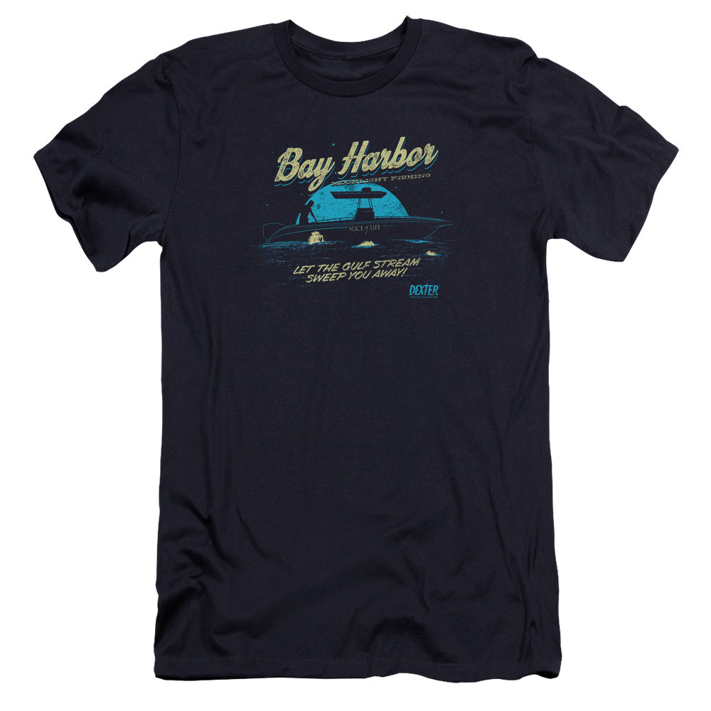 AN OFFCIALLY LICENSED DEXTER MOONLIGHT FISHING MEN'S PREMIUM SLIM FIT T-SHIRT NAVY
