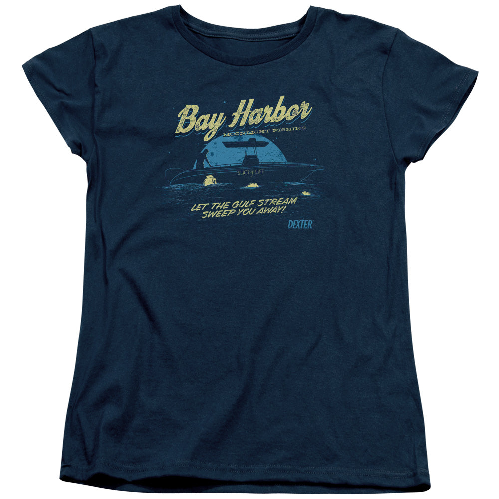 AN OFFCIALLY LICENSED DEXTER MOONLIGHT FISHING WOMEN'S REGULAR FIT T-SHIRT NAVY