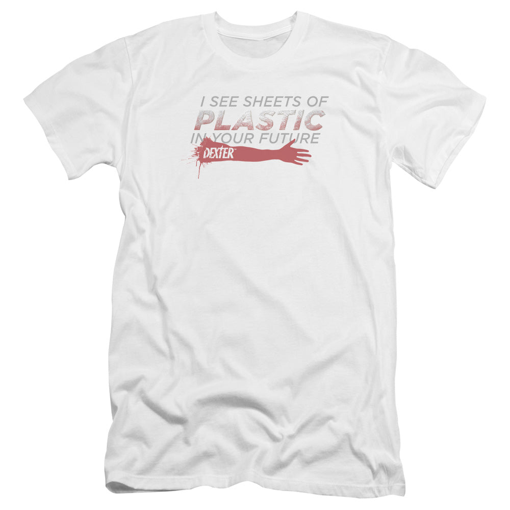 AN OFFCIALLY LICENSED DEXTER PLASTIC PREDICTION MEN'S PREMIUM SLIM FIT T-SHIRT WHITE