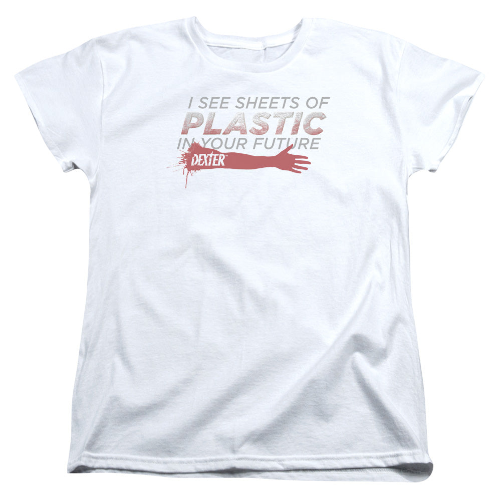 AN OFFCIALLY LICENSED DEXTER PLASTIC PREDICTION WOMEN'S REGULAR FIT T-SHIRT WHITE