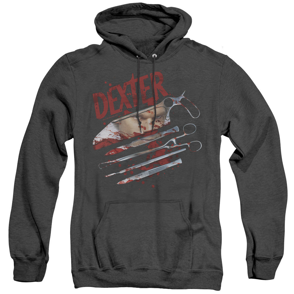AN OFFCIALLY LICENSED DEXTER BLOOD NEVER LIES 2 ADULT UNISEX HEATHER PULLOVER HOODIE BLACK