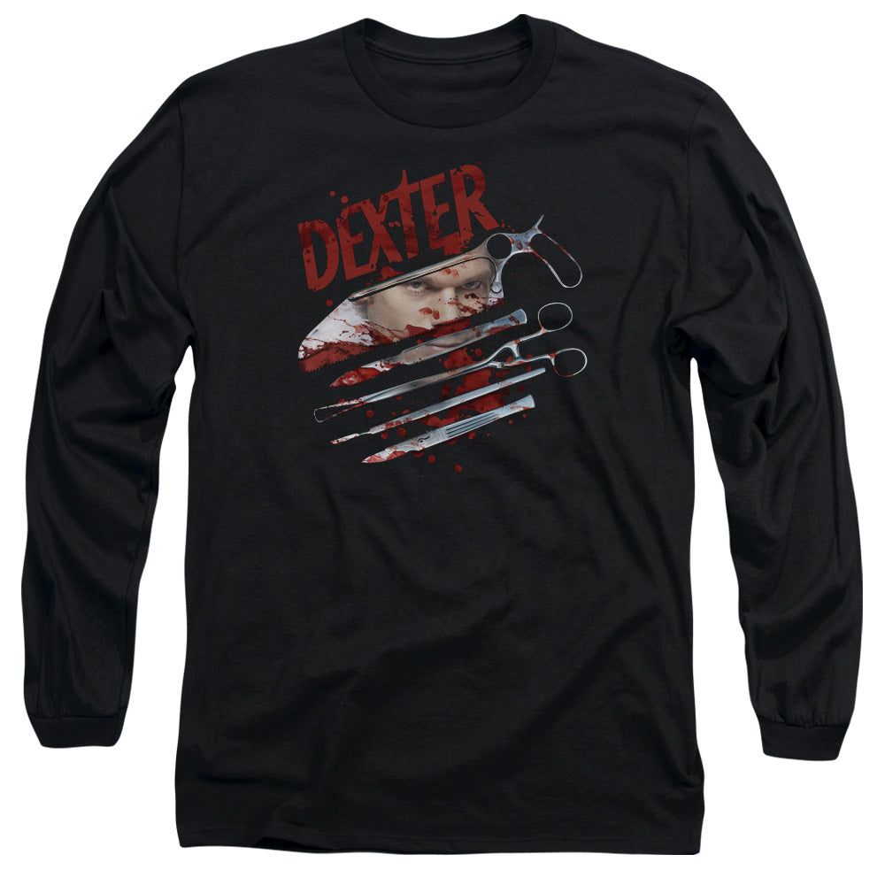 AN OFFCIALLY LICENSED DEXTER BLOOD NEVER LIES 2 MEN'S LONG SLEEVE T-SHIRT BLACK