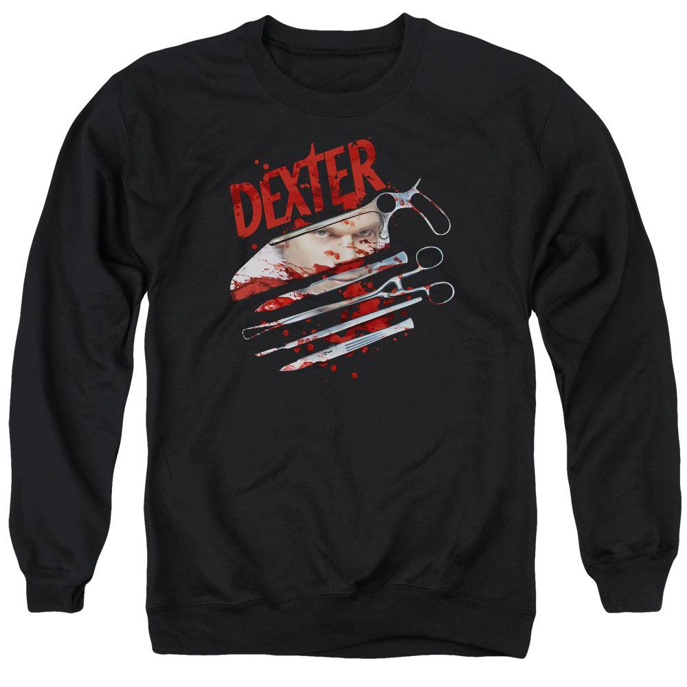 AN OFFCIALLY LICENSED DEXTER BLOOD NEVER LIES 2 ADULT UNISEX CREWNECK SWEATSHIRT BLACK