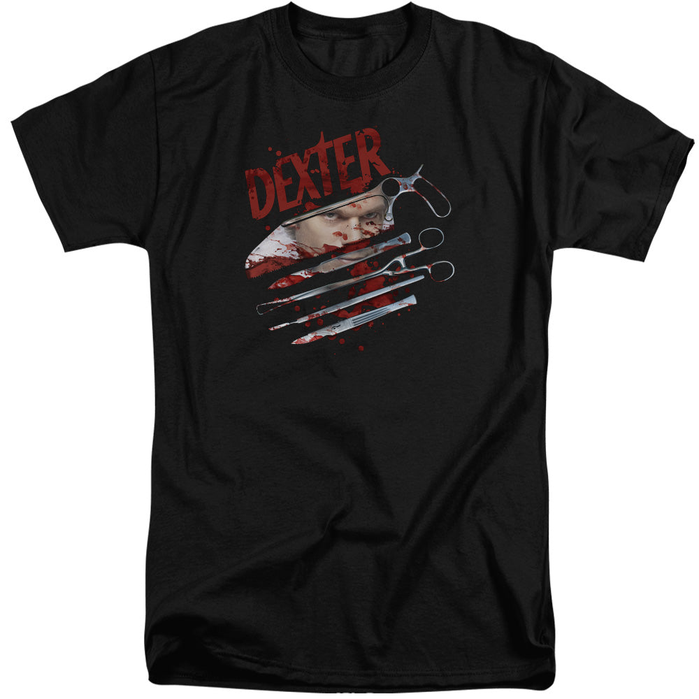 AN OFFCIALLY LICENSED DEXTER BLOOD NEVER LIES 2 MEN'S TALL FIT T-SHIRT BLACK