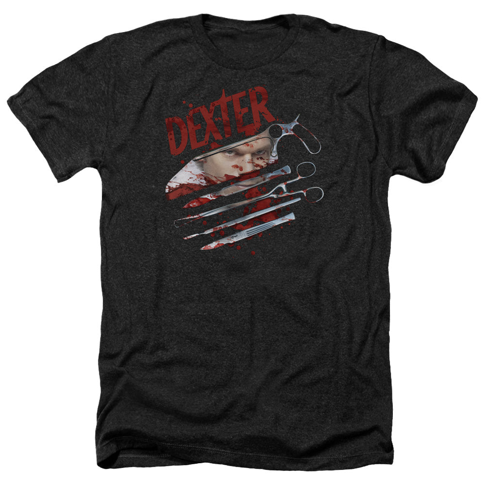 AN OFFCIALLY LICENSED DEXTER BLOOD NEVER LIES 2 MEN'S HEATHER T-SHIRT CHARCOAL