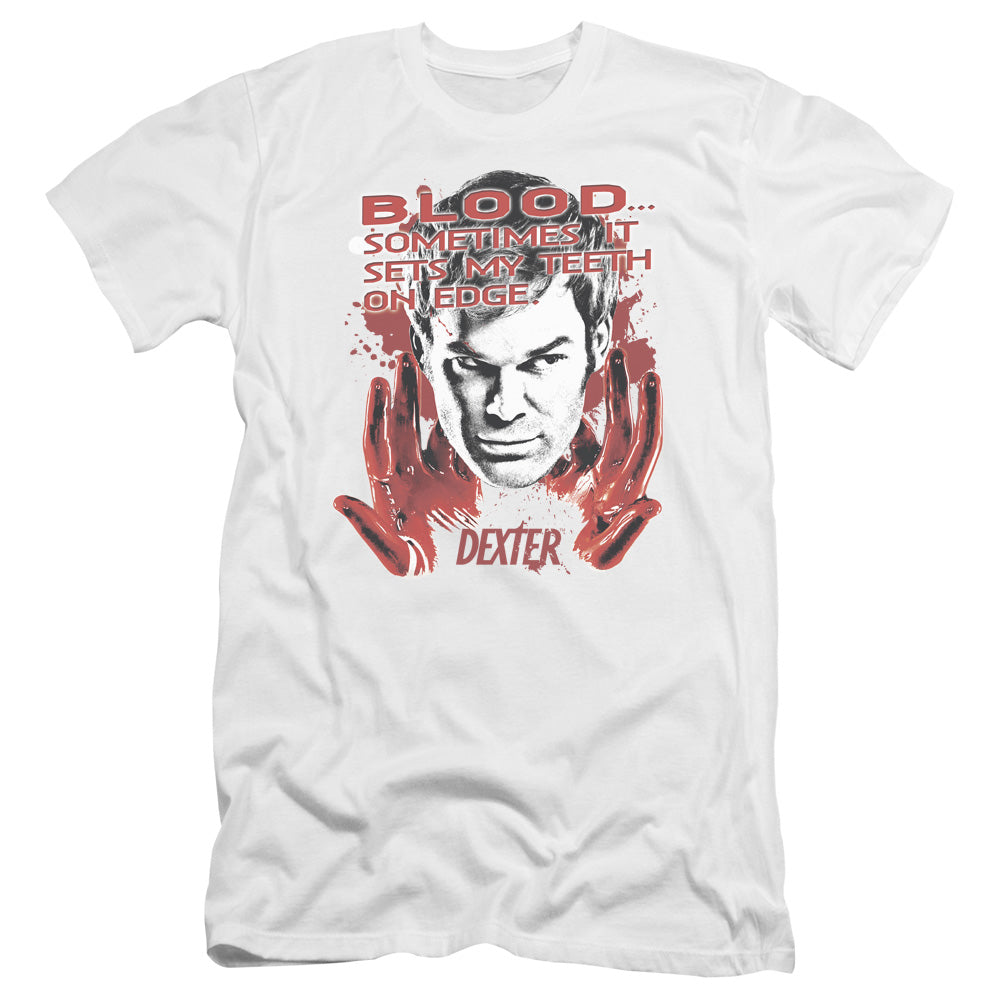 AN OFFCIALLY LICENSED DEXTER BLOOD MEN'S PREMIUM SLIM FIT T-SHIRT WHITE