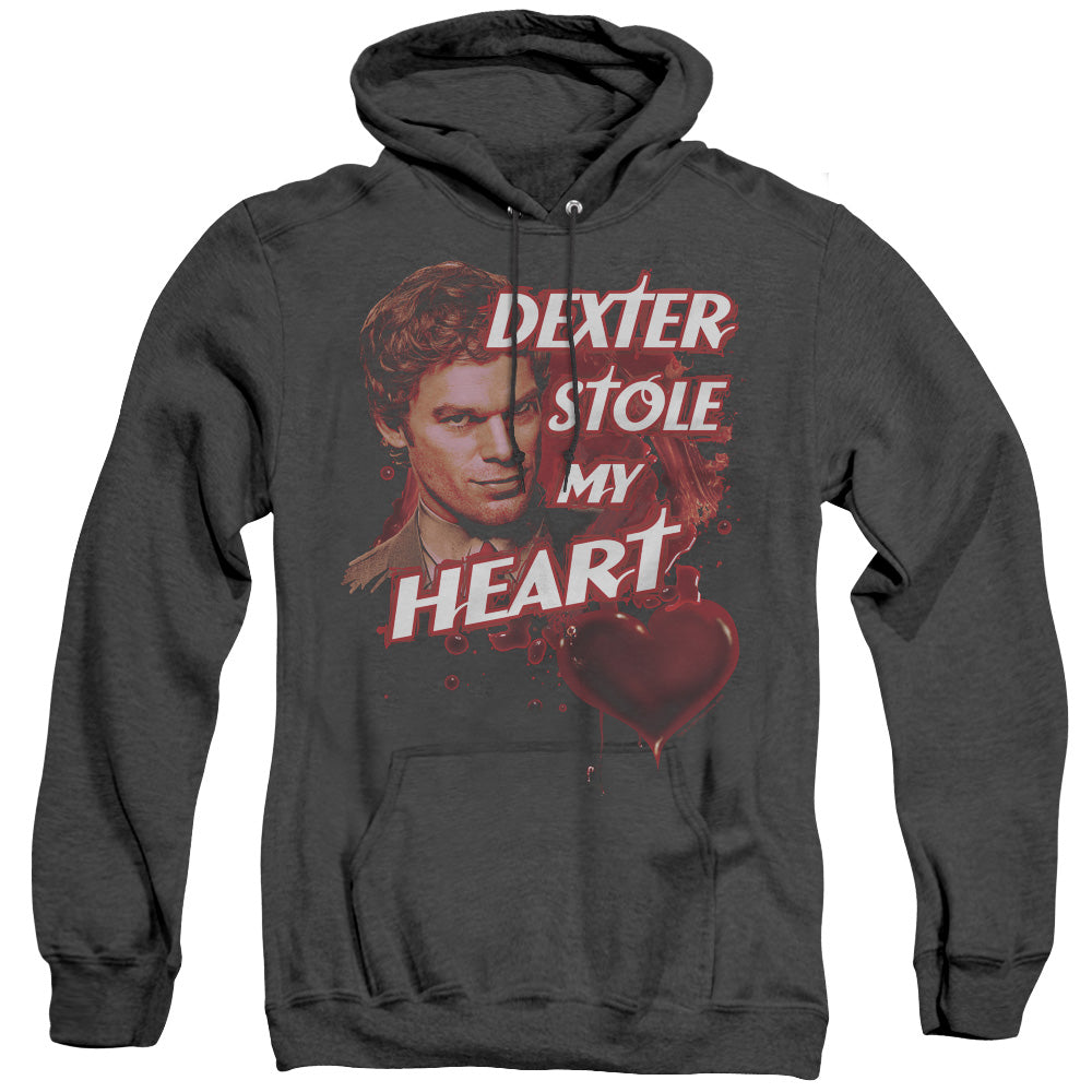 AN OFFCIALLY LICENSED DEXTER BLOODY HEART ADULT UNISEX HEATHER PULLOVER HOODIE BLACK